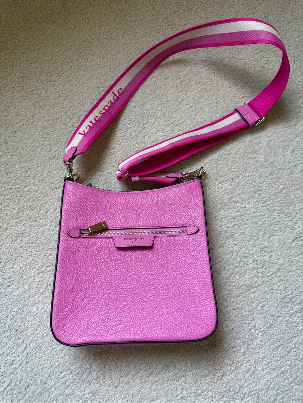 kate spade Pink Pebble Leather Crossbody with Striped Strap